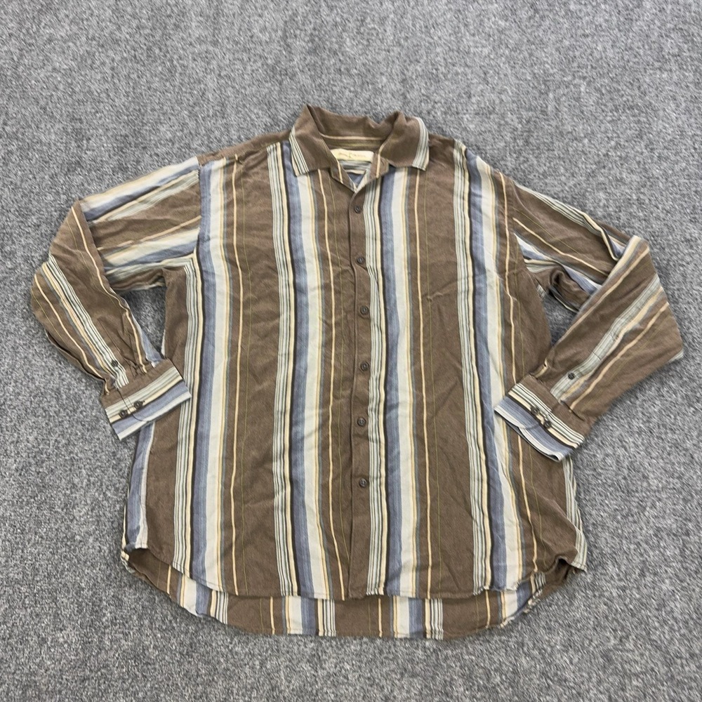 Tommy Bahama Shirt Mens XL Brown Striped 100% Lyocell Long Sleeve Button Front